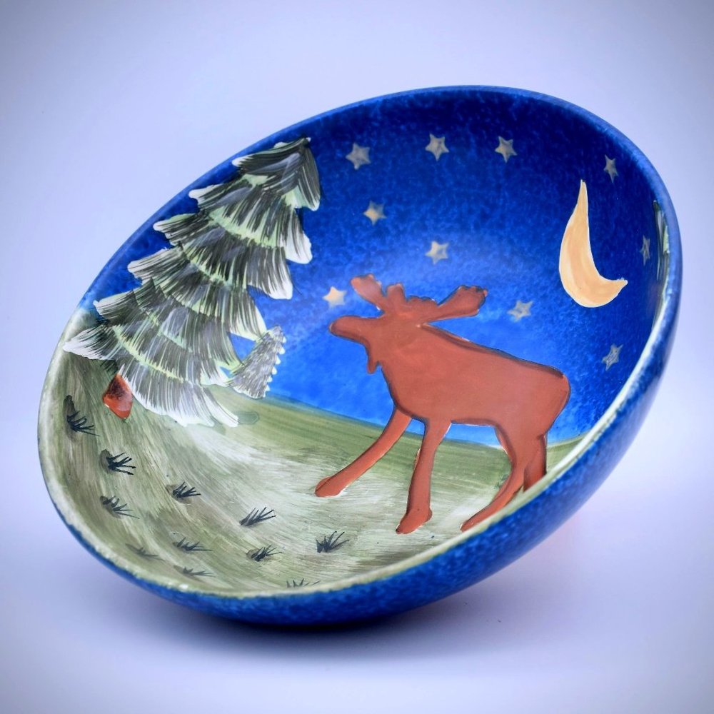 ND Pottery Moose Bowl Hand Painted Stoneware Blue Night Sky Moon Pine Tree Large